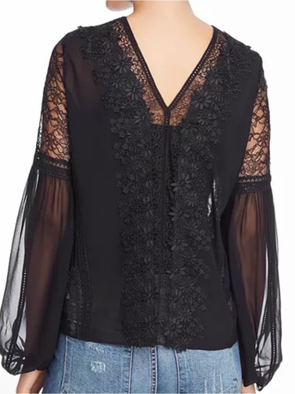 Alice and Olivia Silk Brea Lace Detail Ballon sleeve Blouse - Picture 2 of 9